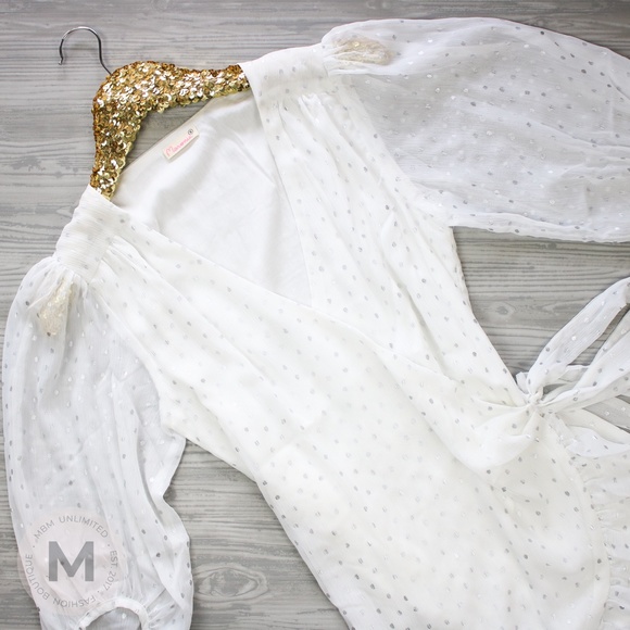 White Silver Dots Ruffle Hem Wrap Dress - Picture 3 of 9